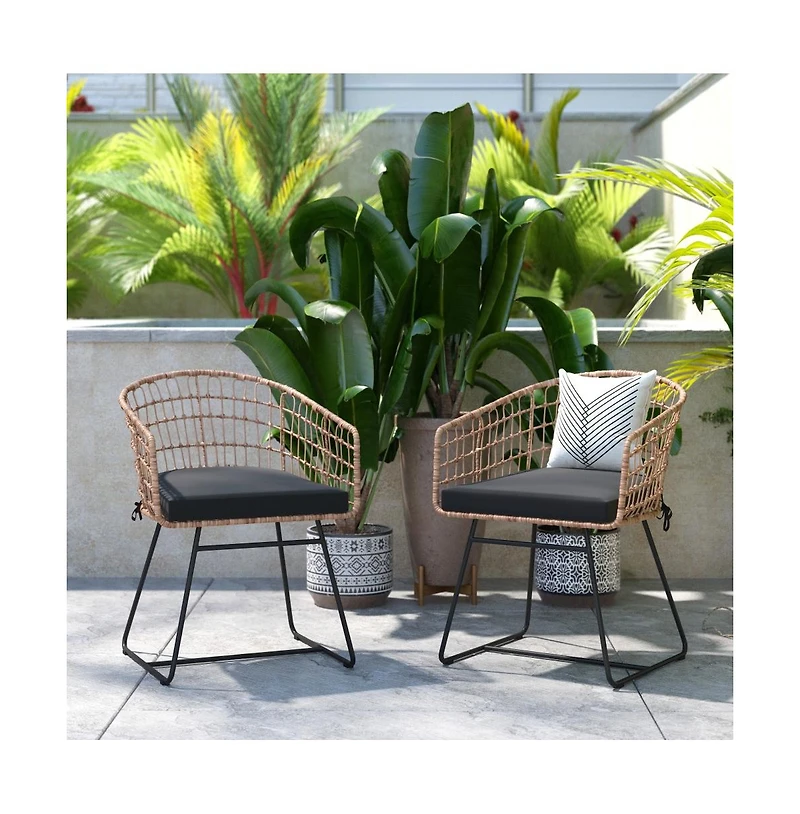 Emma+Oliver Ari Set Of Two All-Weather Faux Rattan Rope Chairs With Padded Cushions For Indoor And Outdoor Use