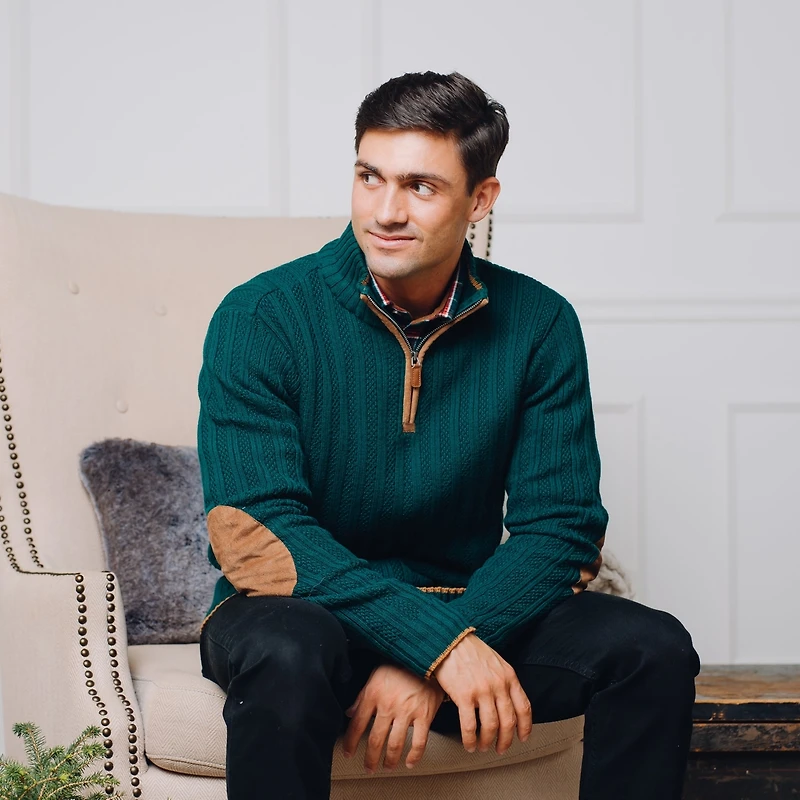 Hope & Henry Men's Organic Half Zip Sweater with Suede Trim