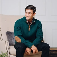 Hope & Henry Men's Organic Half Zip Sweater with Suede Trim