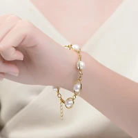 Sterling Silver 14K Gold Plated Genuine Freshwater Pearl and Cubic Zirconia Link Oval Spring Adjustable Bracelet