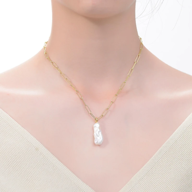 14k Yellow Gold Plated with Free-Form Baroque Genuine Freshwater White Pearl Pendant Cable Layering Necklace in Sterling SIlver