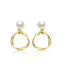 Sterling Silver 14k Yellow Gold Plated with White Freshwater Pearl Twisted Eternity Circle Halo Double Drop Dangle Earrings