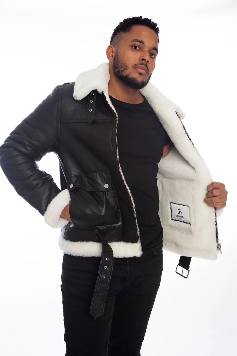 Furniq Uk Men's Shearling Belted Pilot Jacket, Silky Black with White Wool