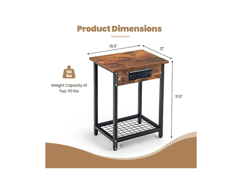 2 Pieces Bedside Nightstand Set with Open Shelf and Charging Station