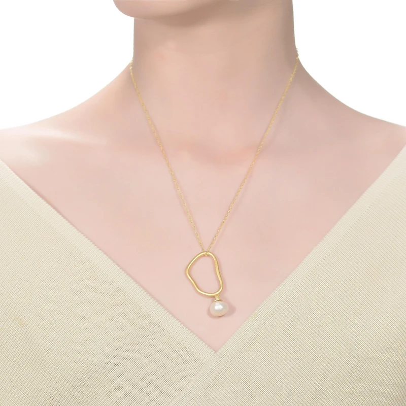 Beautiful Sterling Silver 14K Gold Plated 9-10MMGenuine Freshwater Button Pearl Pendant Necklace