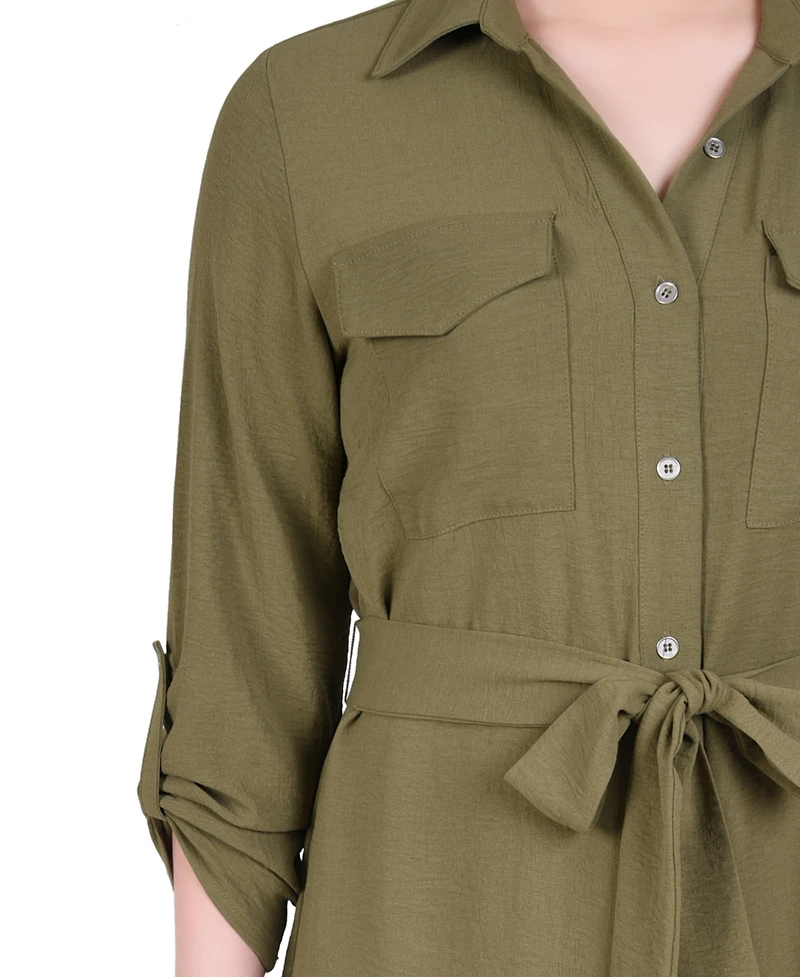 Ny Collection Women's Long Roll Tab Sleeve Shirtdress