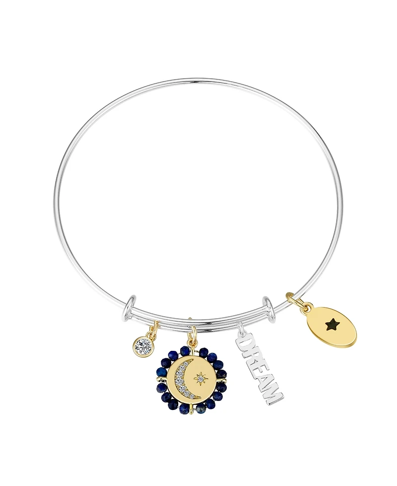 Unwritten Cubic Zirconia Moon and Star Silver Plated "Dream" 14K Gold Plated Charm Bangle Bracelet
