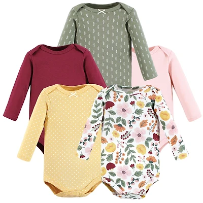 Hudson Baby Girls Cotton Long-Sleeve Bodysuits, Fall Botanical 5-Pack, 12-18 Months