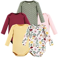 Hudson Baby Girls Cotton Long-Sleeve Bodysuits, Fall Botanical 5-Pack, 12-18 Months