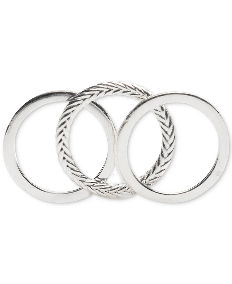 Lauren Ralph Lauren 3-Pc. Set Polished & Herringbone Design Stack Rings in Sterling Silver