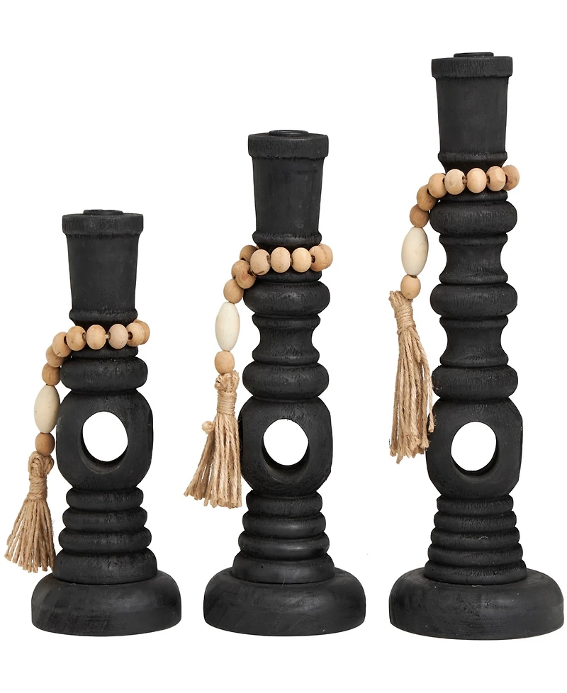 Wood Handmade Textured Matte Candle Holder with Beaded Garland Accent 14", 12" and 10" H, Set of 3