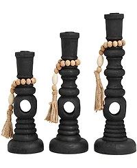 Wood Handmade Textured Matte Candle Holder with Beaded Garland Accent 14", 12" and 10" H, Set of 3