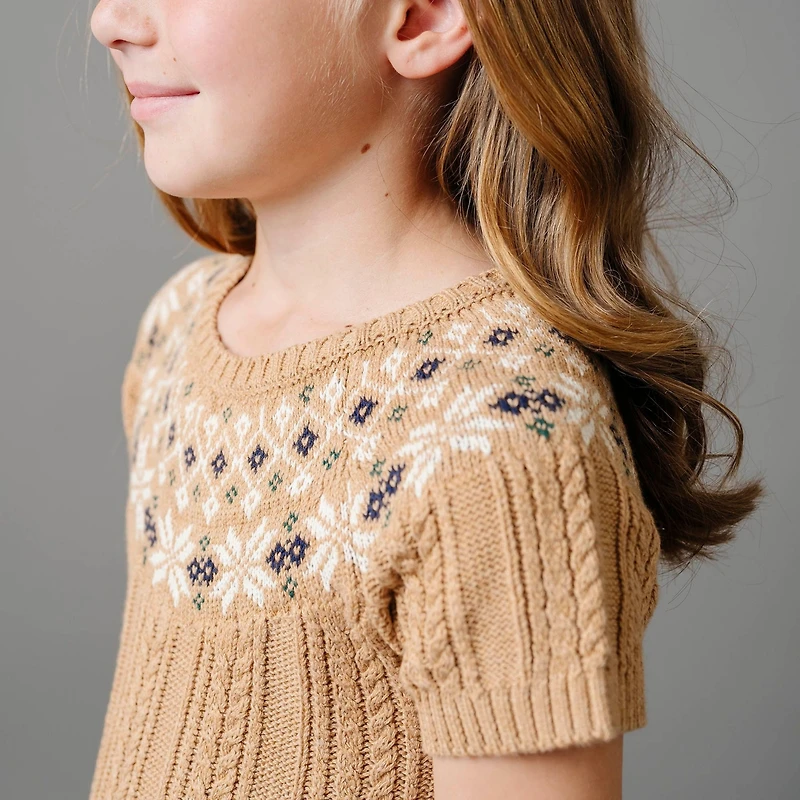 Hope & Henry Toddler Girls Short Sleeve Fair Isle Cable Sweater Dress