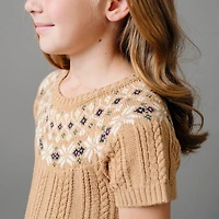 Hope & Henry Toddler Girls Short Sleeve Fair Isle Cable Sweater Dress