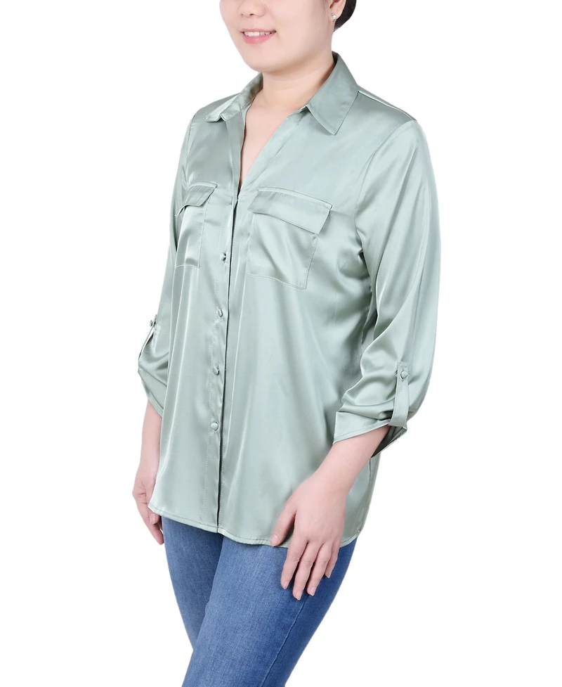 Ny Collection Petite 3/4 Sleeve Roll Tab Satin Blouse