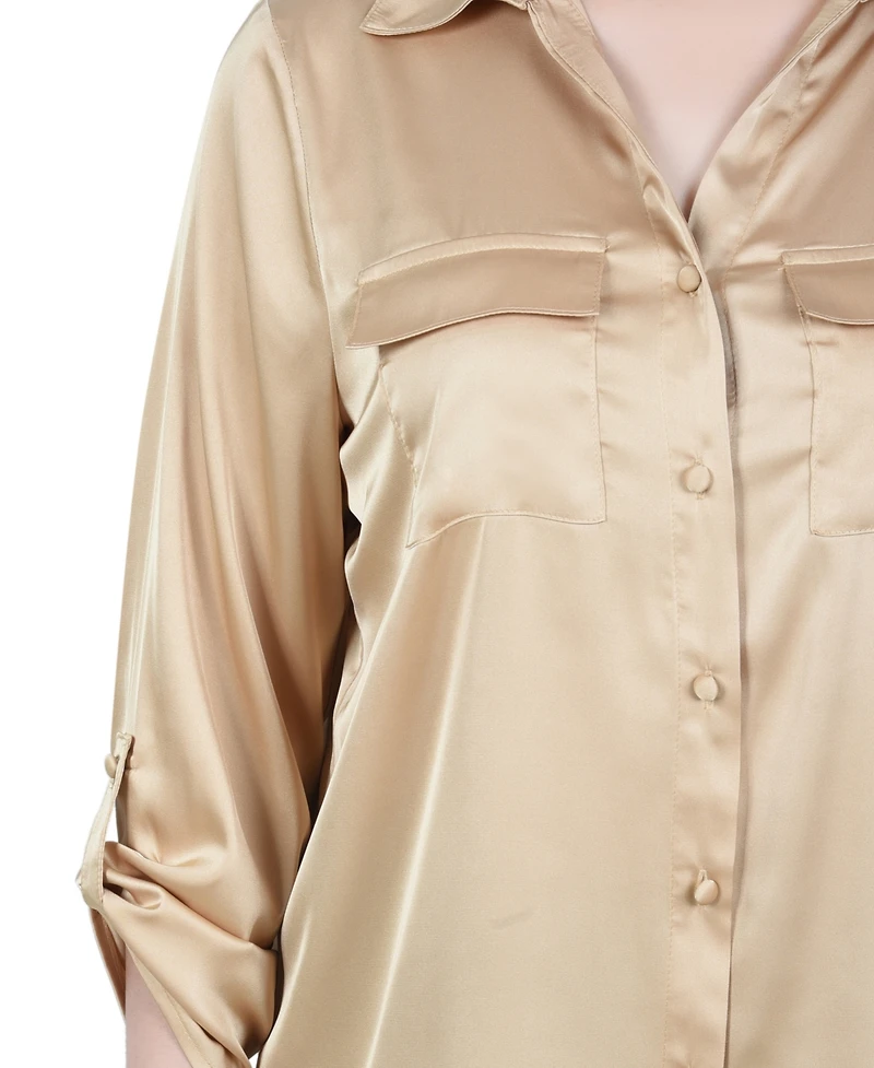 Ny Collection Petite 3/4 Sleeve Roll Tab Satin Blouse
