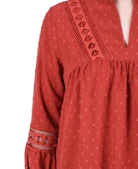 Ny Collection Petite Long Sleeve Blouse with Crochet Trim