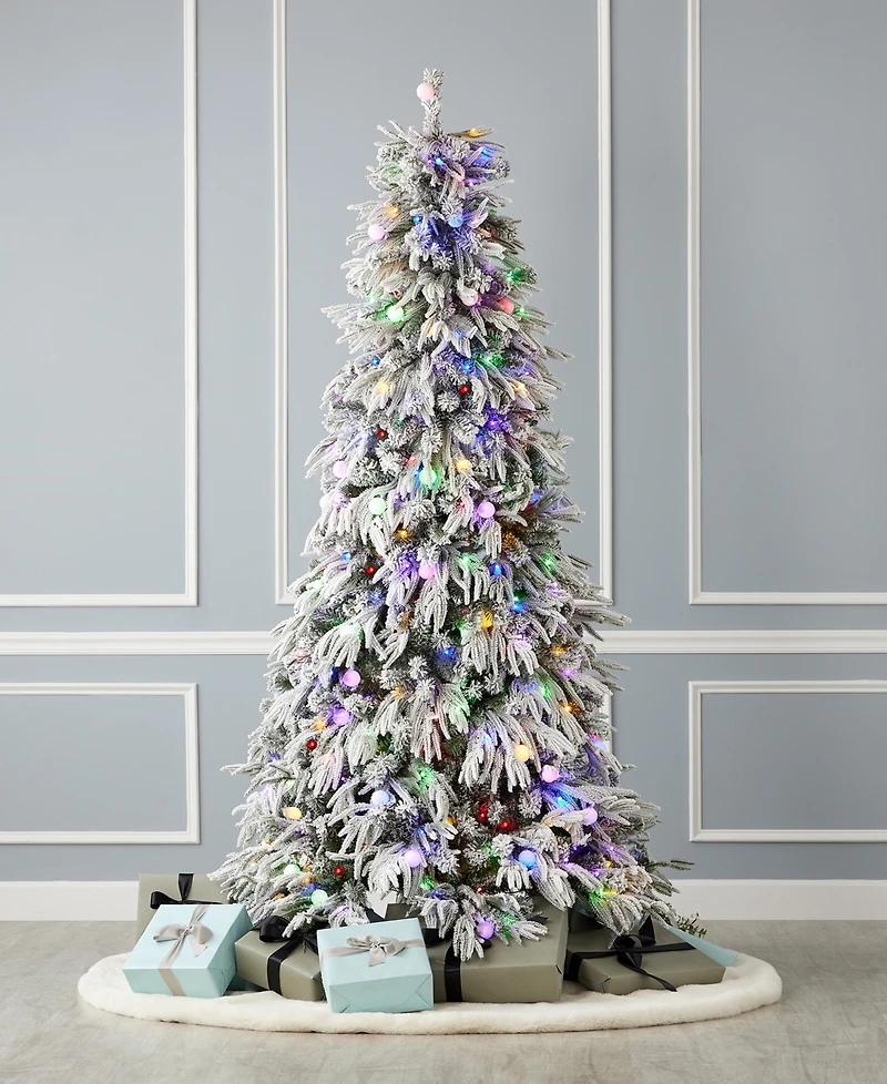 Seasonal Frosted Acadia 6.5' Pre-Lit Flocked Pe Mixed Pvc Full Tree with Metal Stand, 2409 Tips, 300 Changing Led Lights