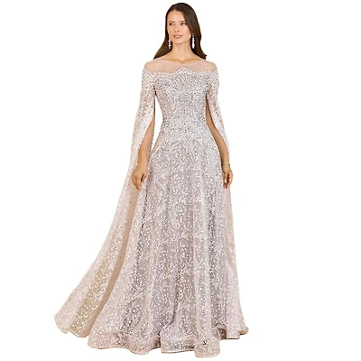 Lara Women's Lace Gown with Dramatic Cape Sleeves