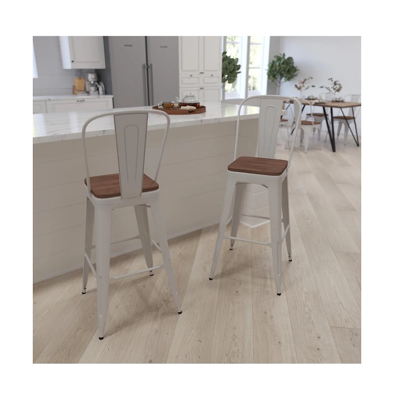 Donnelly Metal Dining Stool With Curved Slatted Back And Textured Wood Seat