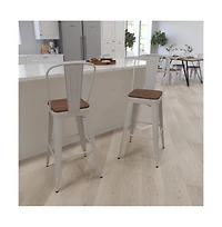 Donnelly Metal Dining Stool With Curved Slatted Back And Textured Wood Seat