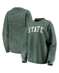 Women's Pressbox Green Distressed Michigan State Spartans Comfy Cord Vintage-Like Wash Basic Arch Pullover Sweatshirt