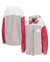 Women's Gameday Couture Gray Distressed Wisconsin Badgers Vintage-Like Wash Corduroy Full-Snap Hooded Shacket