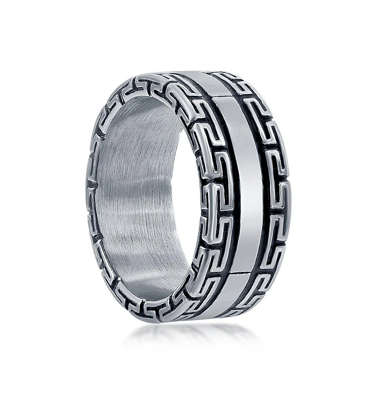 Stainless Steel Oxidized Greek Key Ring