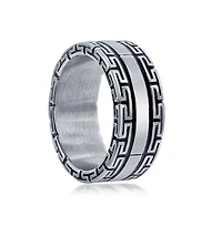 Stainless Steel Oxidized Greek Key Ring