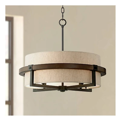 Possini Euro Design Castille Bronze Faux Wood Pendant Chandelier 22" Wide Farmhouse Rustic Tan Fabric Drum Shade 4-Light Fixture for Dining Room House