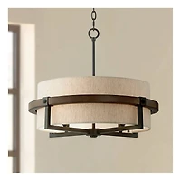 Possini Euro Design Castille Bronze Faux Wood Pendant Chandelier 22" Wide Farmhouse Rustic Tan Fabric Drum Shade 4-Light Fixture for Dining Room House