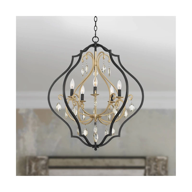 Barnes and Ivy Clara Black Soft Gold Iron Pendant Chandelier 26 1/2" Wide French Amber Crystal 5-Light Fixture for Dining Room House Home Foyer Entryw