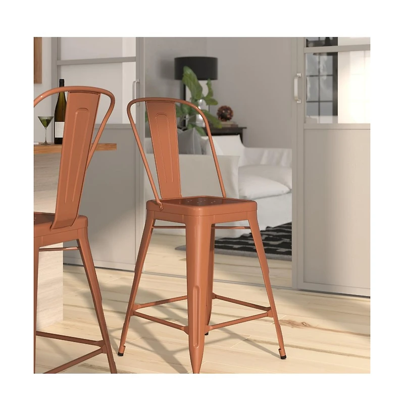 Stella 24" Metal Indoor-Outdoor Counter Stool With Vertical Slat Back And Integrated Footrest