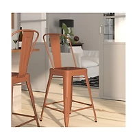 Stella 24" Metal Indoor-Outdoor Counter Stool With Vertical Slat Back And Integrated Footrest