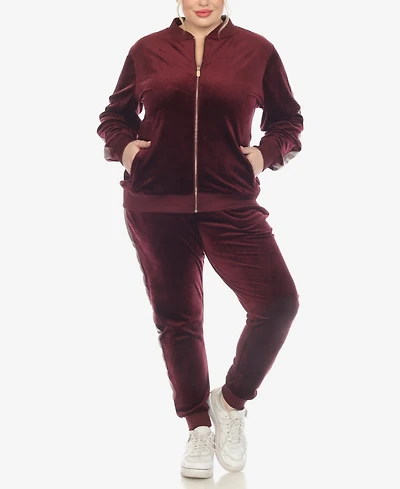 White Mark Plus Faux Leather Stripe Velour 2 Piece Tracksuit Set