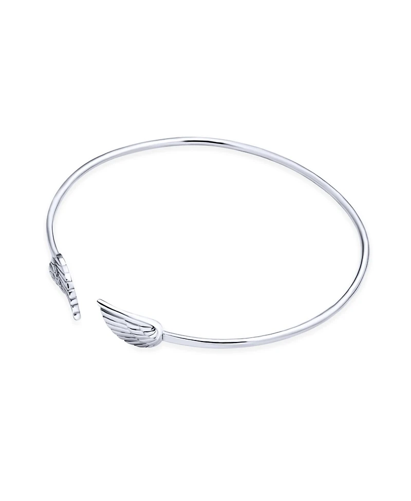 Bling Jewelry Dainty Religious Minimalist Thin Guardian Angel Wing Feather Bangle Cuff Bracelet Sterling Silver