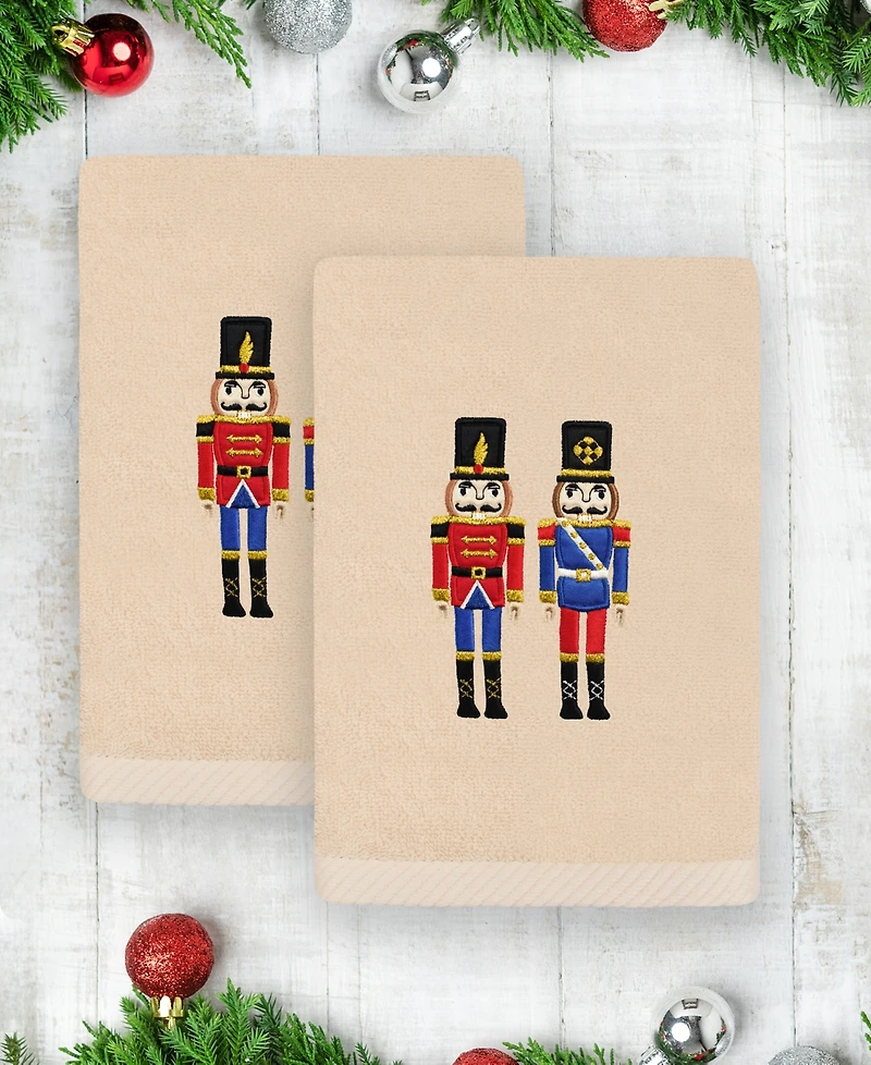 Linum Home Christmas Nutcrackers Embroidered Luxury 100% Turkish Cotton Hand Towels, 2 Piece Set