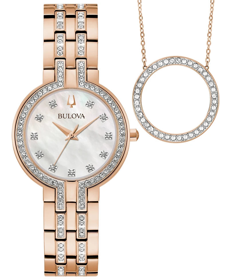 Bulova Women's Classic Crystal Rose Gold-Tone Bracelet Watch Box Set 30mm