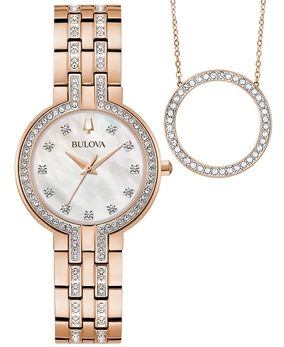 Bulova Women's Classic Crystal Rose Gold-Tone Bracelet Watch Box Set 30mm