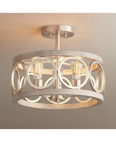 Franklin Iron Works Salima Rustic Farmhouse Ceiling Light Semi Flush Mount 16" Wide Brushed Nickel Gray Wood 3-Light Led for Bedroom Living Room