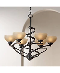 Franklin Iron Works Bronzeador Dark Mocha Chandelier Lighting 27 1/2" Wide Modern Industrial Iron Ribbon Amber Glass Shades 6-Light Fixture for Dining