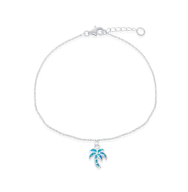 Caribbean Treasures Sterling Silver Synthetic Blue Inlay Opal Palm Tree Anklet