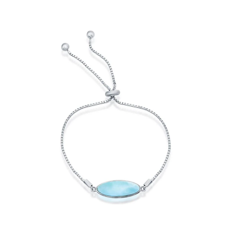 Sterling Silver Oval Larimar Adjustable Bolo Bracelet