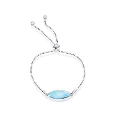 Sterling Silver Oval Larimar Adjustable Bolo Bracelet