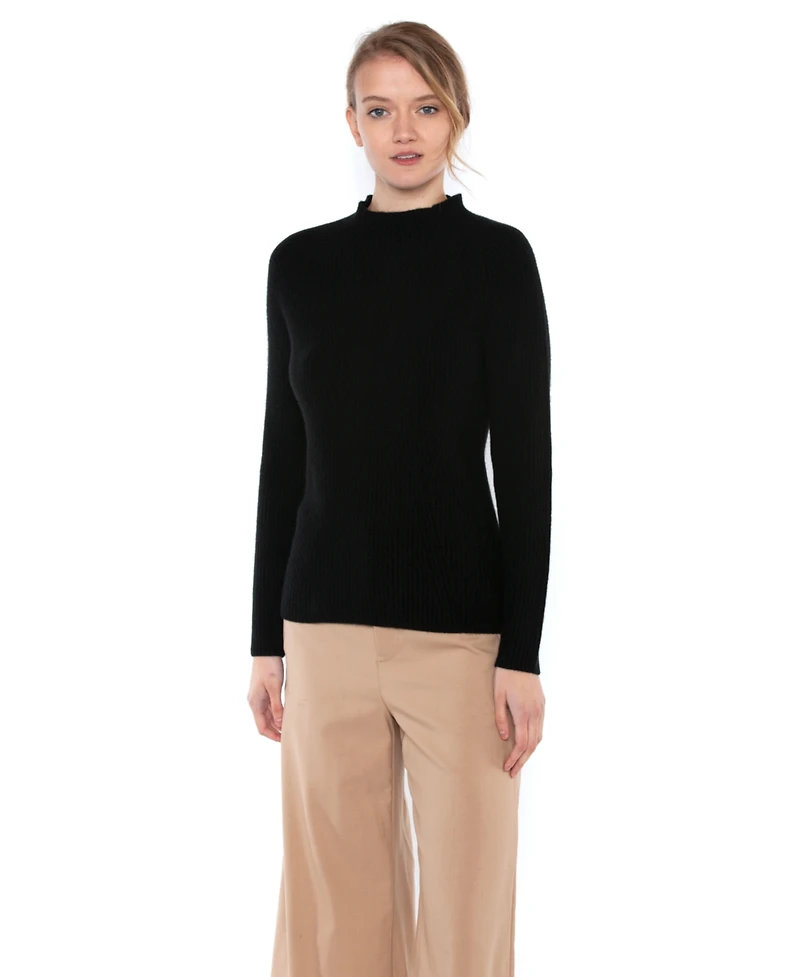 Jennie Liu Women's 100% Pure Cashmere Long Sleeve Chunky Rib Funnel Neck Sweater
