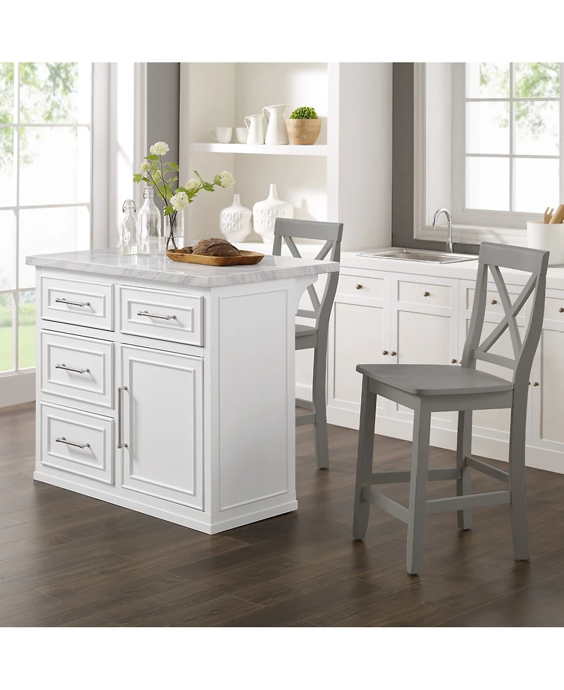 Crosley Furniture Cutler 42" Faux Marble Top Kitchen Island W/X-Back Stools