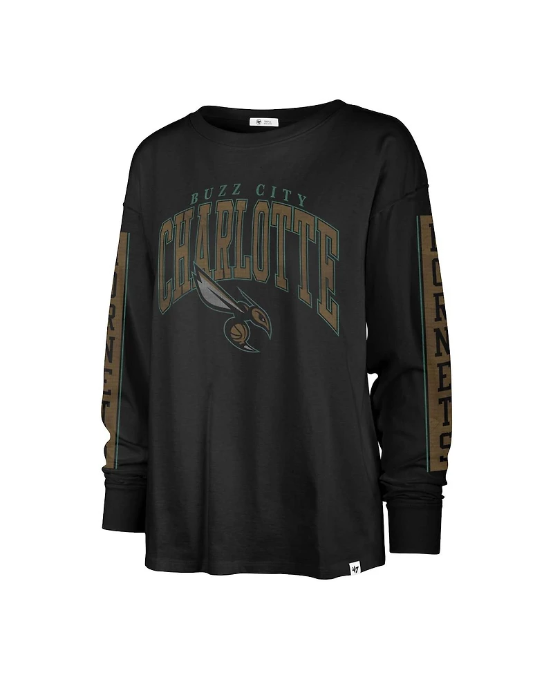 Women's '47 Brand Black Distressed Charlotte Hornets City Edition Soa Long Sleeve T-shirt