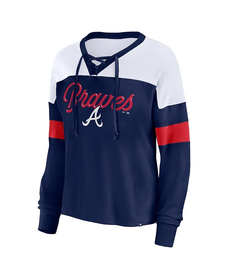 Women's Fanatics Navy, White Atlanta Braves Even Match Lace-Up Long Sleeve V-Neck T-shirt