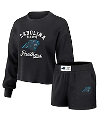 Women's Wear by Erin Andrews Black Distressed Carolina Panthers Waffle Knit Long Sleeve T-shirt and Shorts Lounge Set