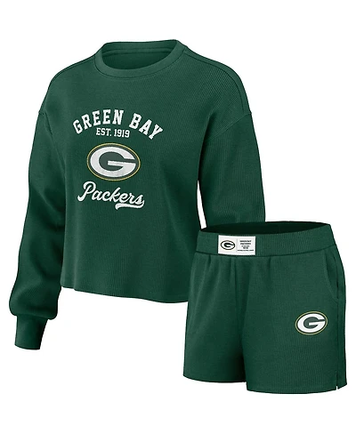 Women's Wear by Erin Andrews Green Distressed Green Green Bay Packers Waffle Knit Long Sleeve T-shirt and Shorts Lounge Set